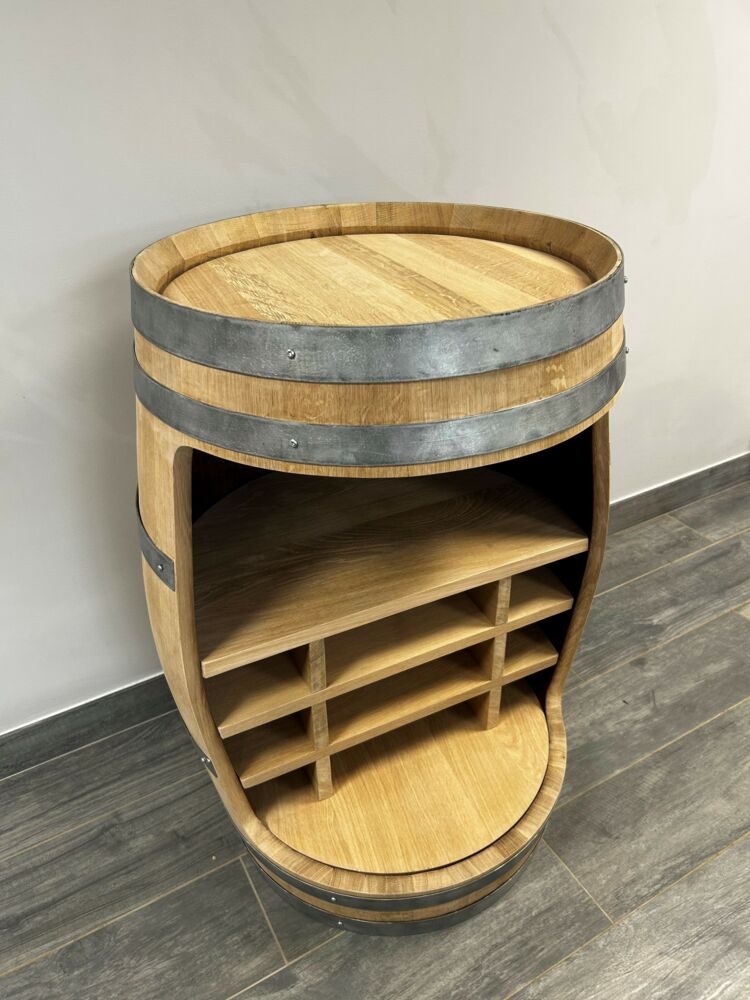 Bar en tonneau chêne massif 94 cm – Meuble cave à vin ouvert – Fabrication artisanale